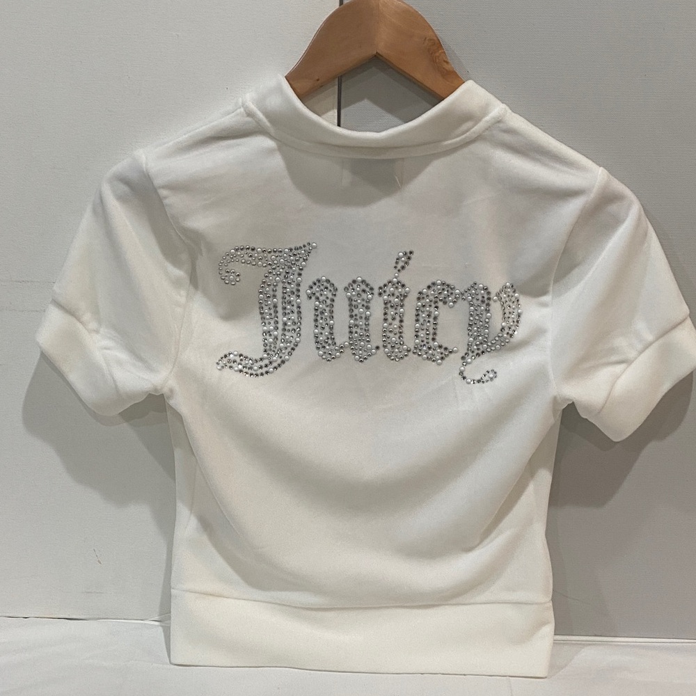 Juicy Couture Creamy White Zip-Up Short Sleeve Velour Jeweled Juicy top XS NWT